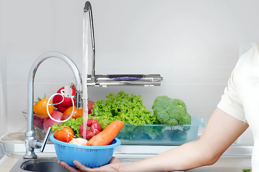 Woman washing fresh vegetables under kitchen faucet UV water filtration system ensuring safe clean water for food preparation