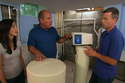 Homeowner choosing between water softener and whole house filter system in utility room