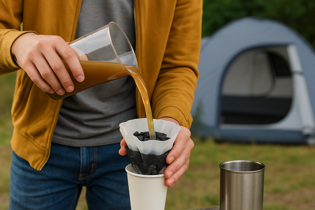 Person pouring muddy water into homemade charcoal filter during outdoor camping adventure