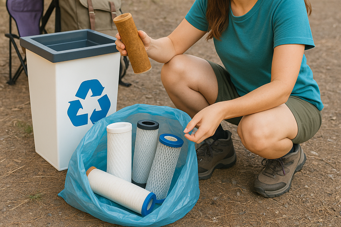 RV water filter cartridge recycling setup with outdoor camping gear and recycling bin