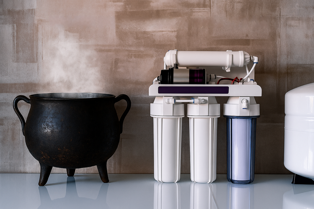 Ancient boiling pot next to modern reverse osmosis system showing water purification evolution