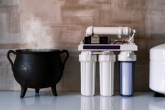 Ancient boiling pot next to modern reverse osmosis system showing water purification evolution