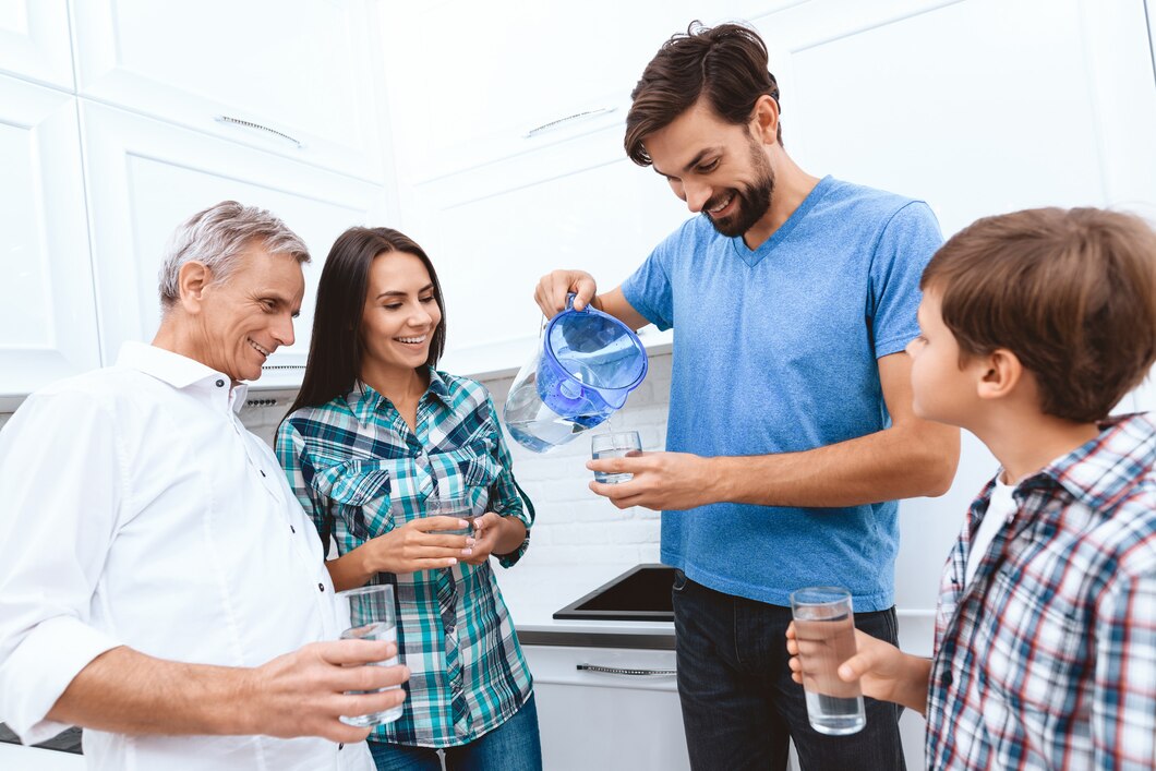 Family drinking clean filtered water in modern kitchen after completing water filter maintenance routine