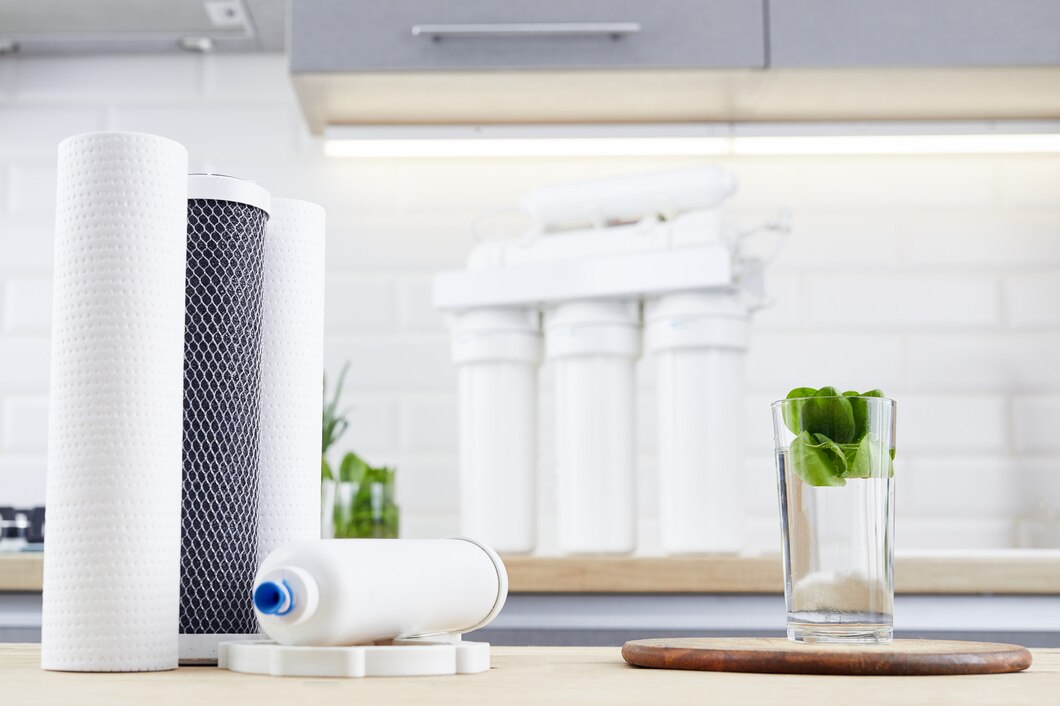 Home water filtration system reducing plastic bottle waste and environmental impact in modern kitchen