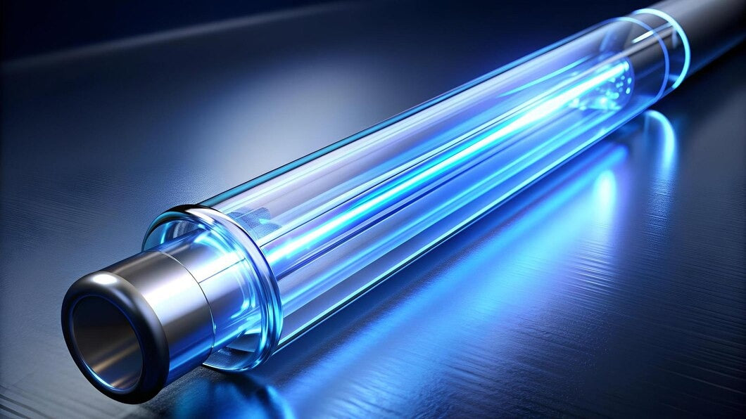 UV water purification system chamber with clear water flowing through ultraviolet sterilization process