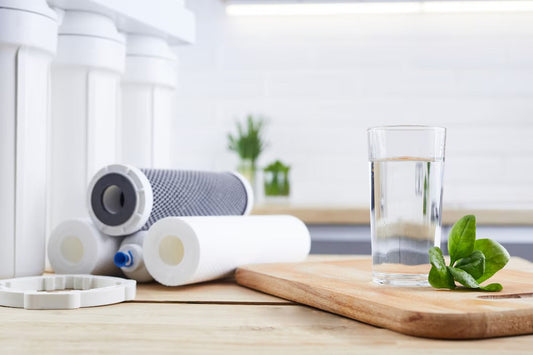Modern alkaline water filter system dispensing pH-balanced water into glass for home health and wellness