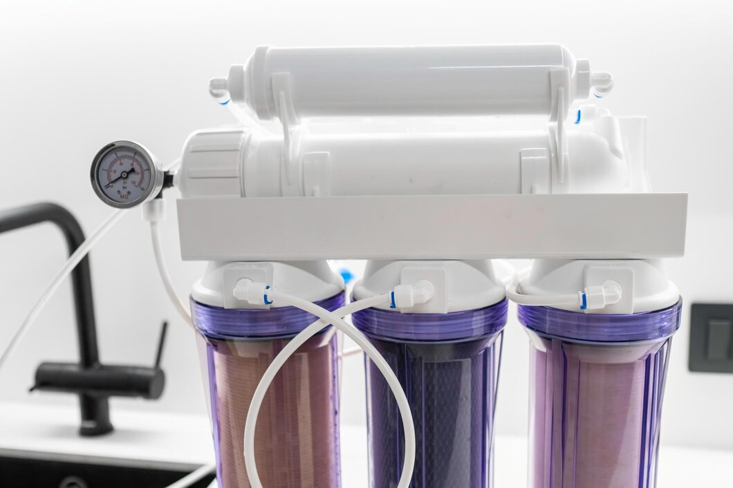 Modern whole house water filter system with clear housing showing clean water filtration process
