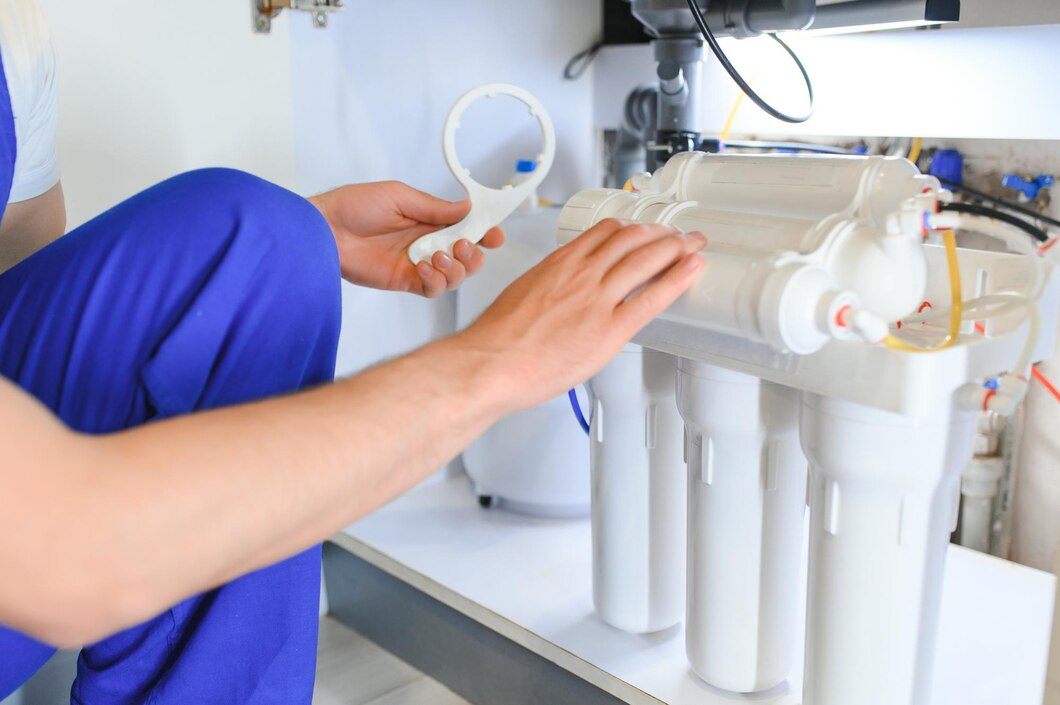 Tankless reverse osmosis system installed under kitchen sink with modern white cabinets