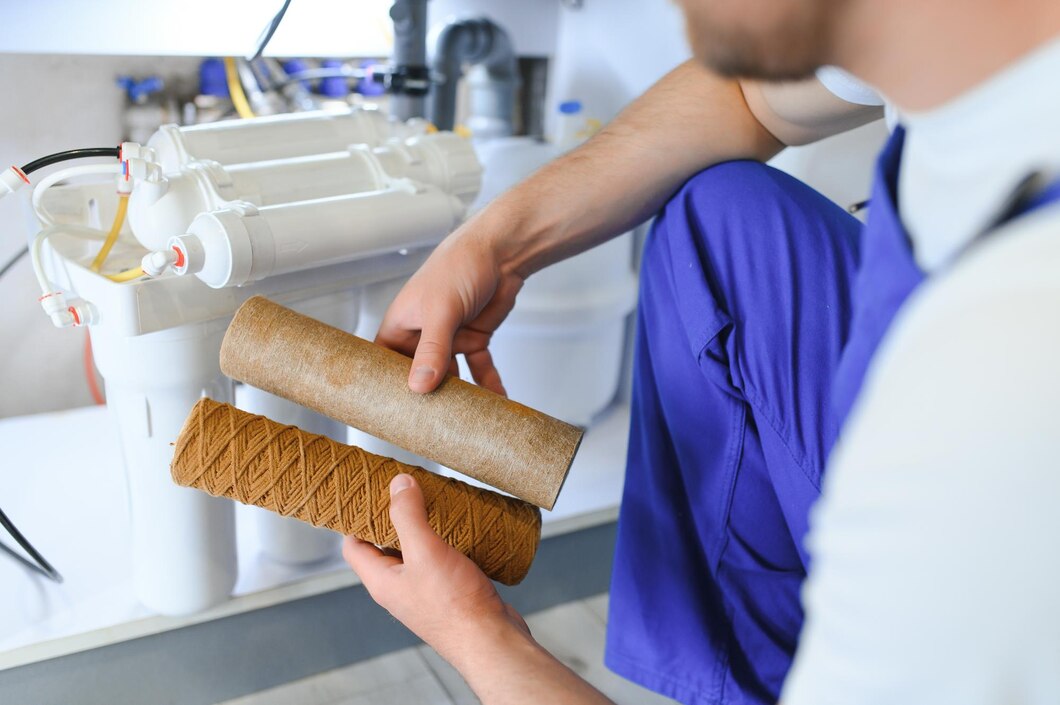 Professional replacing old water filter cartridge in under-sink filtration system