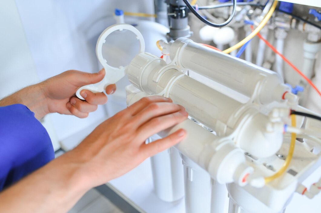 Granular activated carbon water filter cartridge installation in modern kitchen under sink system