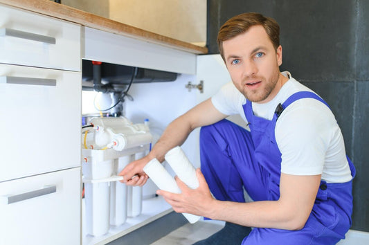 Professional technician replacing commercial water filter cartridge in restaurant kitchen equipment setup