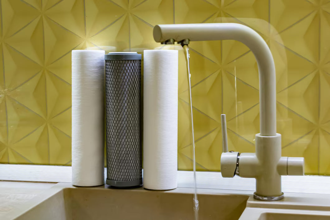 Crystal clear water flowing from kitchen faucet with under sink chlorine filter system removing taste and odor
