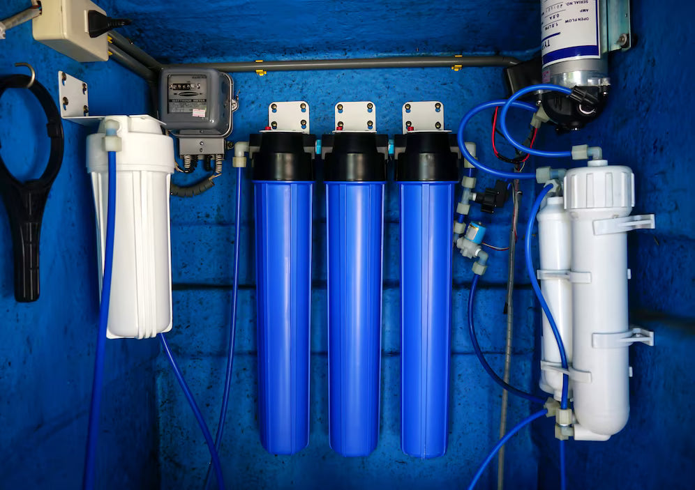 Three stage whole house water filter system with blue housings and UV sterilizer mounted on wall