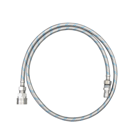 Universal 5ft stainless steel braided hose, connects to standard garden spigots for RV filtration systems and water softeners.