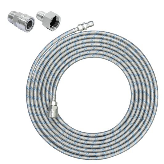 Universal 50ft stainless steel braided hose, connects to standard garden spigots for RV filtration systems and water softeners.