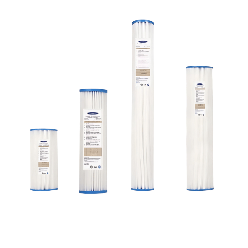 Reusable pleated sediment filter cartridge, high flow rate, long lifespan, compatible with various systems.