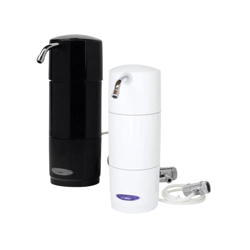 Crystal Quest Countertop Water Filter for chlorine reduction with a sleek black design, perfect for home water purification systems.