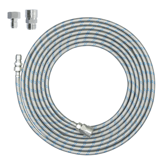 Universal 25 ft stainless steel braided hose, connects to standard garden spigots for RV filtration systems