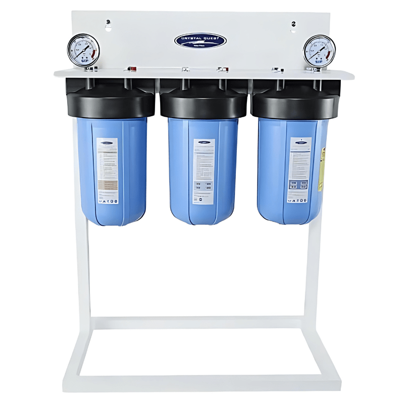 Triple Compact whole house water filter system w/ stand for efficient home water purification and easy installation