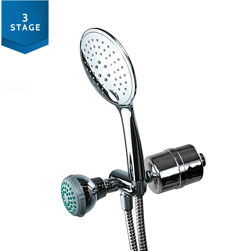 2-in-1 Chrome Handheld shower head filter with multi-stage filtration, chlorine removal, adjustable spray, and easy installation.