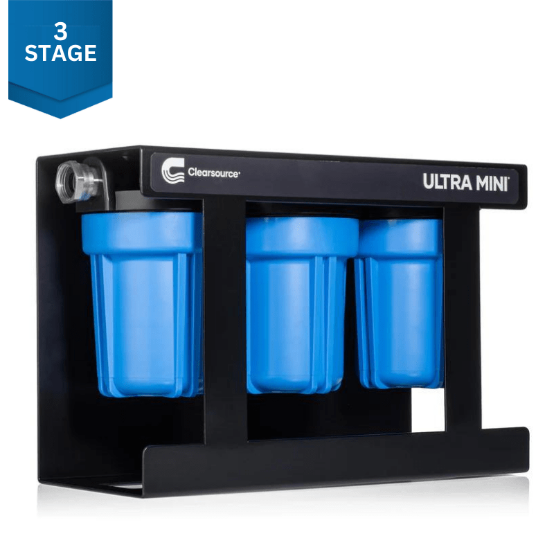 Ultra Mini 3-Stage RV Water Filter, Compact Design, High Flow Rate, Effective Contaminant Removal, and Portable.