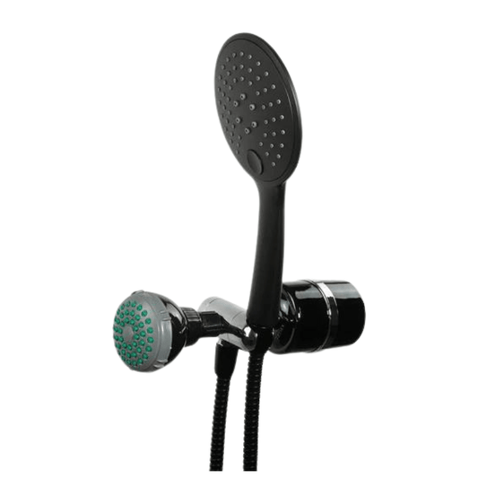 Crystal Quest 2-in-1 Black Handheld Shower Head Filter with massaging spray, handheld wand, and 3-stage filtration for chlorine and contaminant removal.