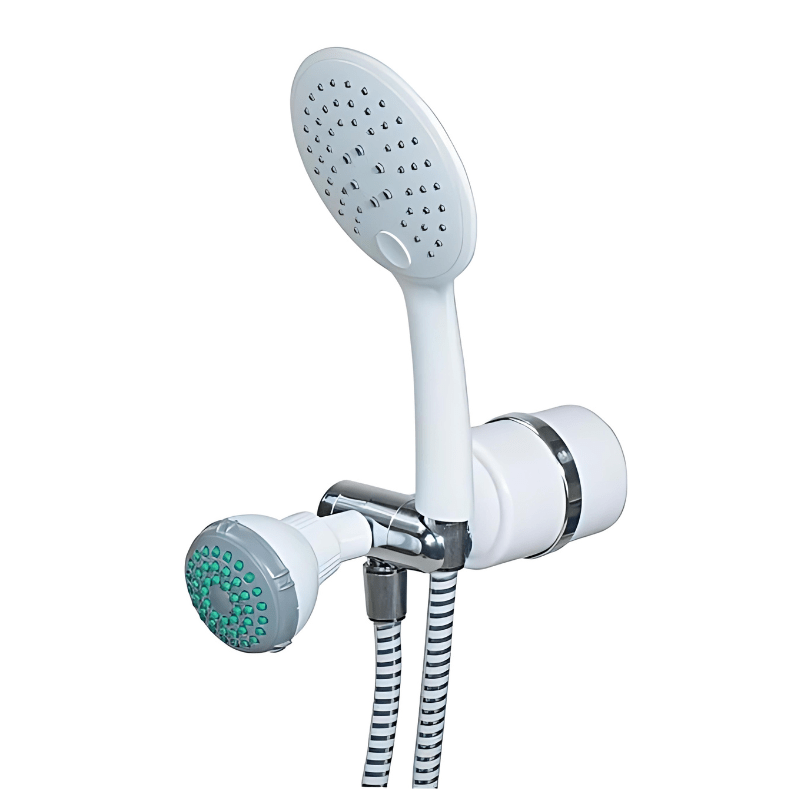 2-in1 White Handheld shower head filter with multi-stage filtration, chlorine removal, adjustable spray, and easy installation.