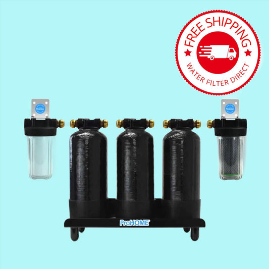 PH-1000-1:HOME PLUS Pro One USA ProHome™ Plus 4 Stage Whole House Water Filter No Electricity Required, Easy to Install, with Scale Inhibitor Includes Sub-micron Post Filter and Pre-sediment filter assembly 1" Port Size
