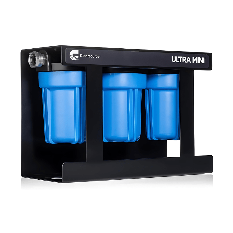 Ultra Mini 3-Stage RV Water Filter, Compact Design, High Flow Rate, Effective Contaminant Removal, and Portable.