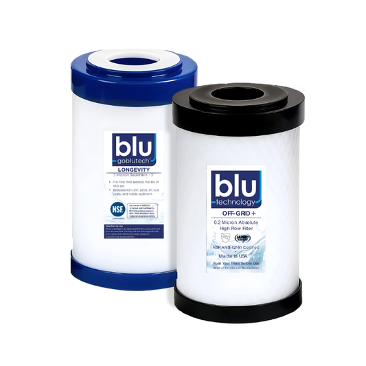 Blu Tech OFF-GRID+ 5-inch RV water filter recharge pack, two filters on white background