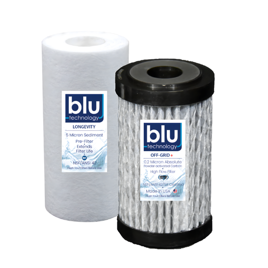 Blu Tech OFF-GRID+ 5-inch RV water filter recharge pack, two filters on white background