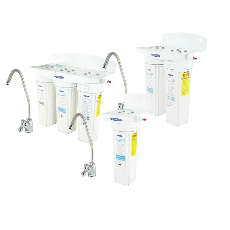 Smart under sink water filter system with multi-stage filtration for chlorine and heavy metals removal, compact design.