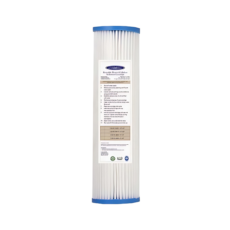 Reusable pleated sediment filter cartridge, (2-7/8” x 9-3/4”), high flow rate, long lifespan, compatible with various systems.