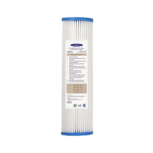 Reusable pleated sediment filter cartridge, (2-7/8” x 9-3/4”), high flow rate, long lifespan, compatible with various systems.