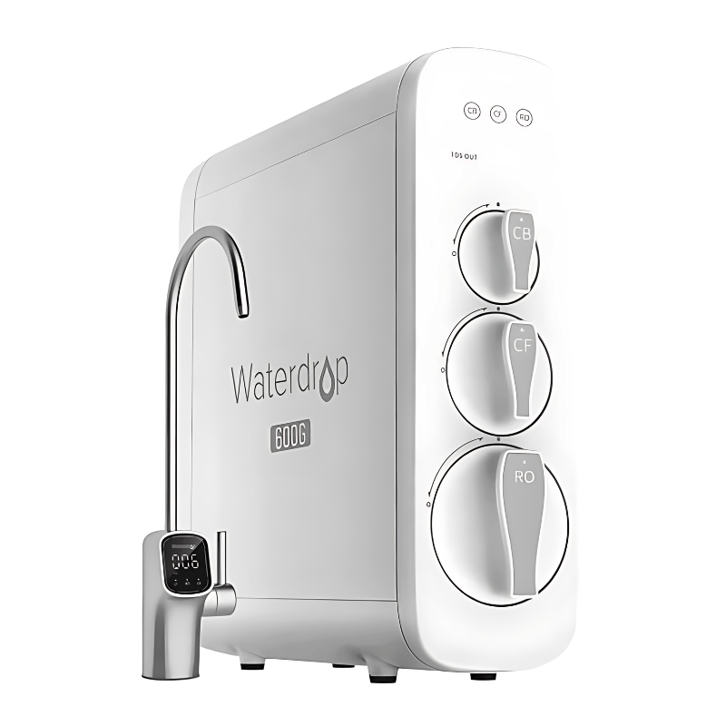 Waterdrop G3P600 Tankless RO Water Filter with smart LED faucet and 8-stage filtration for clean, purified drinking water.