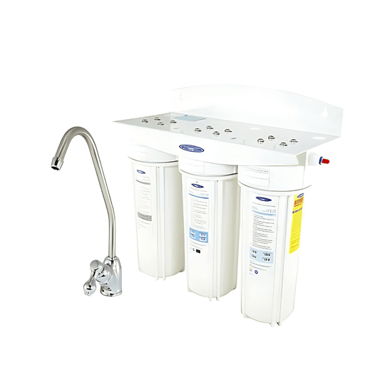 3-stage under sink water filter with fluoride removal, side faucet, easy installation, and saddle valve.