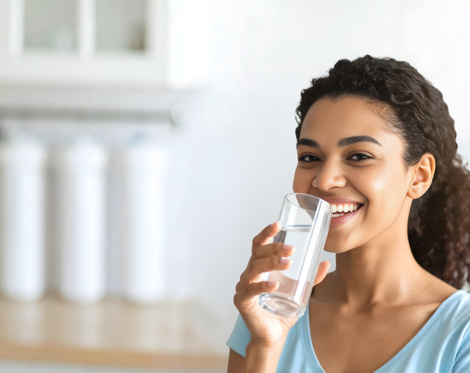 Water filters direct - woman with crystal quest countertop water filter and home water filtration system benefits